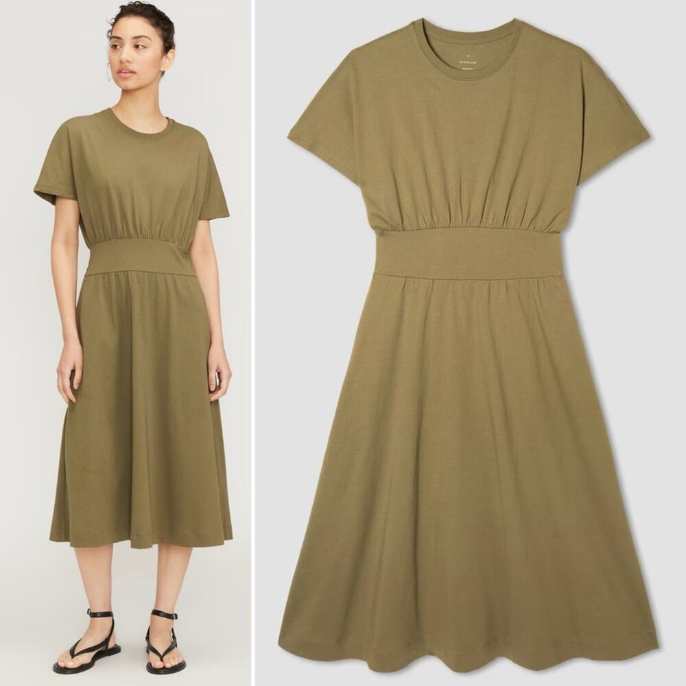 Everlane Organic Cotton Kalamata Olive Midi Dress Size XL Cinched Waist T-Shirt